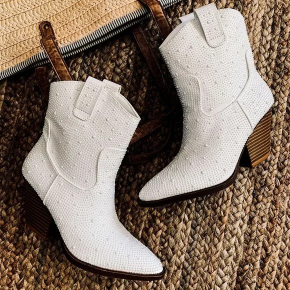 NEW🔥Ivory Faux Pearl Embellished Cowboy Cowgirl Western Heel Ankle Booties Boot - Picture 7 of 12
